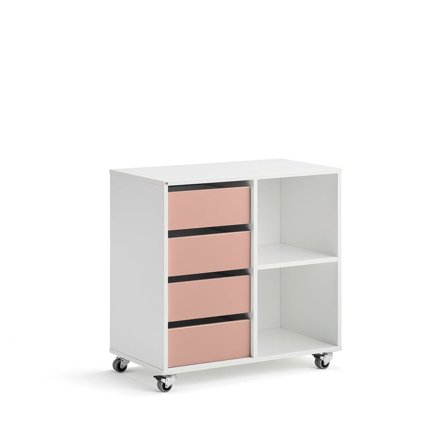 Elevförvaring CASPER, 4 lådor, 2 fack, hjul, vit, mörkrosa