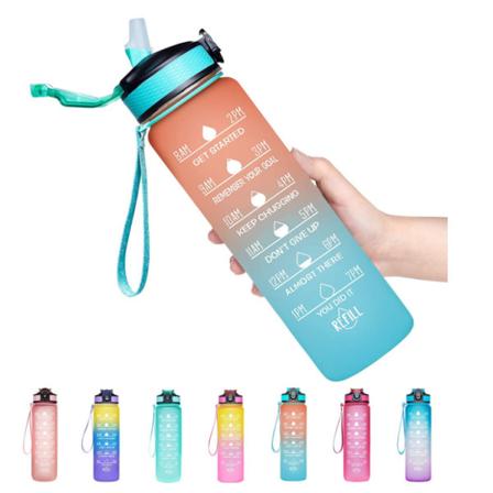 Drikkedunke - 1 liter - Drikkedunk med sugerør - BPA-fri - Motiverende vandflaske med tidsmarkering - Drikkedunk - Orange grøn