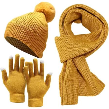 Hatt, skjerf og votter til damer - Mykt strikket vintersett med votter, halsvarmer og beanie (FMY)