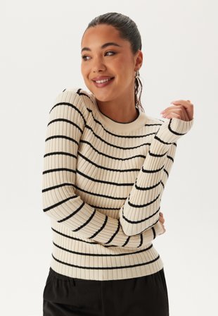 Pieces - Pccrista LS O-Neck Knit - Birch Stripes:BLACK NARROW - Kläder - - Bubbleroom