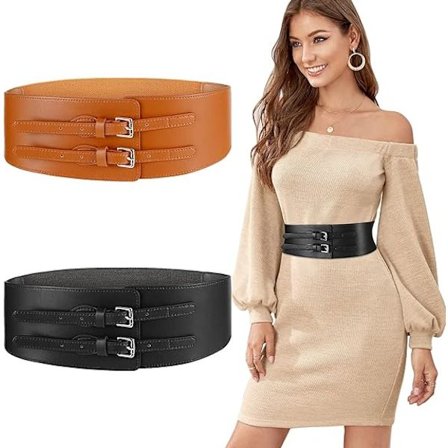 2 stycken elastiska bälten för kvinnor, 6 cm brett bälte för klänning, dubbel