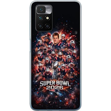 Yhteensopiva Puhelinkuori Xiaomi Redmi 10 Super Bowl 2026 juliste, jossa New England Patriots ja NFL-mestaruuspalkinto räjähtävän urheilullisessa suun