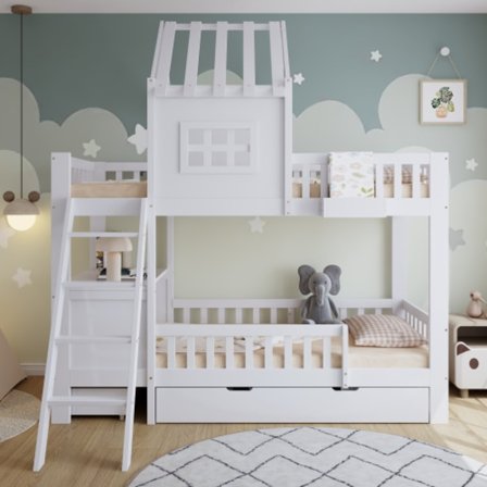 【Sengebund 90x200cm HvidMed læsebord, 2 rulle skuffer, tag & vindue, fyrretræ massivt træ