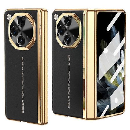 For OnePlus Open Case PU Læder+PC Elektroplettering Telefon Cover med Hærdet Glas Skærmfilm - Bla