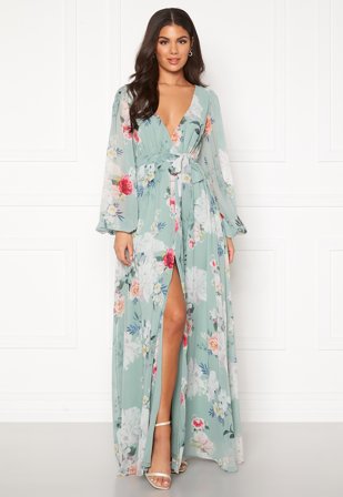 Goddiva - Floral Chiffon Maxi Dress - Sage Green Floral - Kläder - - Bubbleroom