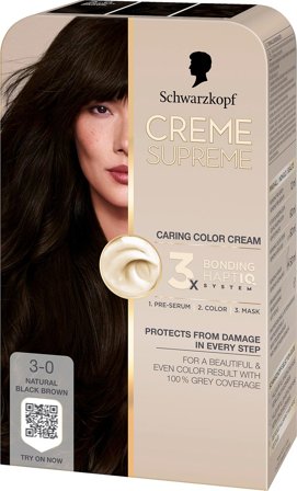 Schwarzkopf Creme Supreme Caring Color Creme 3-0 Natural Black Brown, Hår, Hårfarve, Permanent Hårfarve