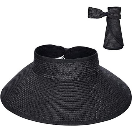 Visor Halm Strand Solhatt Bred Brätte för Kvinnor UPF 50+ Sommarskydd, Svart