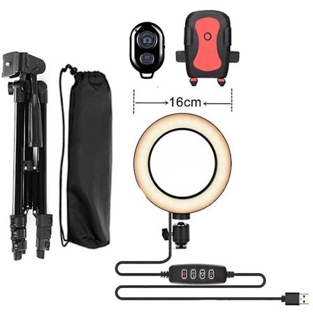 LED-ringlys, telefonlysstativ med Bluetooth-fjernbetjening, 16 cm