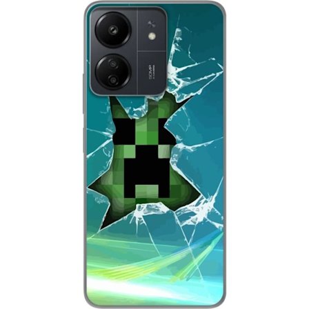 Kompatibelt Mobilskal till Xiaomi Xiaomi Redmi 13C Minecraft Creeper genom krossat glas med dramatisk explosionseffekt där ikoniska Creeper bryter ig