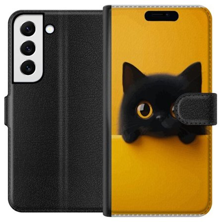 Kompatibelt Plånboksfodral till Samsung Samsung Galaxy S22 5G Svart katt sticker upp över gul kant - ren och modern illustration med stora ögon, le