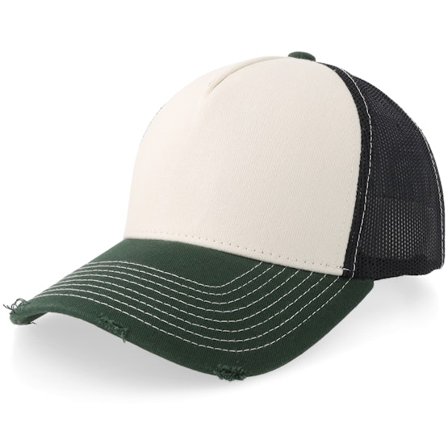 Equip - Distressed Off White/Black/Green Pigment Washed A-Frame Trucker Trucker White Cap - @ Hatstore