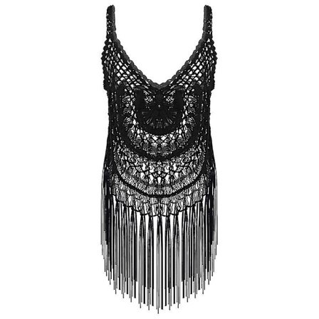 Kvinnors Boho Strandklänning för Semester, Sexig Bikiniöverdel i Krokat Spets med Fransar