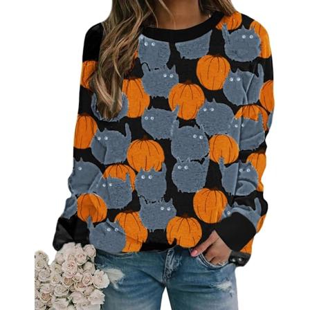 aolk Pumpa-tröja Halloween Crewneck-tröja - Katter Grafisk Tryckt Långärmad Lös Pullover-topp