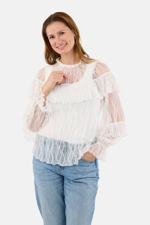 B. COPENHAGEN - Langærmet Blonde Bluse - Hvid - Flæsedetaljer