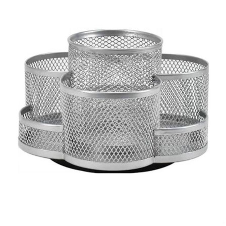 360° Roterande Multifunktionell Pennhållare, Skrivbordsförvaring i Mesh, Roterande Pennhållare, Hög Kapacitet, med Halkfri Gummimatta (Silver)