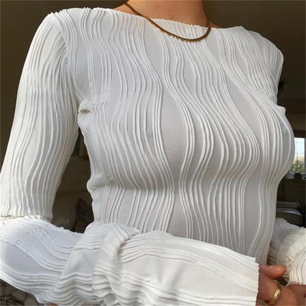 Street Cropped Top Ruched Långärmade T-shirts Dam O-neck Cas