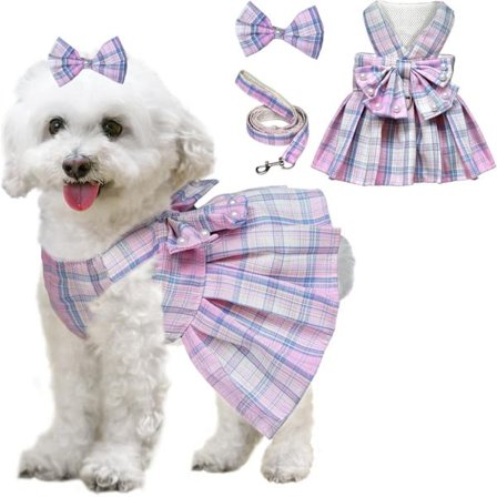 Hundsele och koppelset, söt rutig hundklänning med fluga och pärlor, vår sommar prinsessoutfit för små hundar – födelsedag Hol