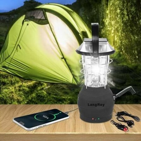 Genopladelig solcelle campinglampe, LED solcelle campinglampe med Maniv og 3 strømkabler, Maniv Dynamo lampe til camping, udflugter, redning, fiskeri,