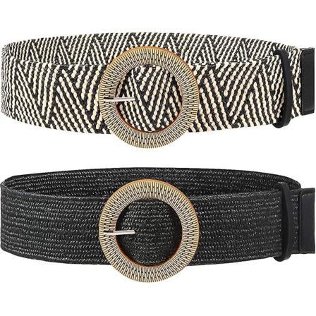 Damflätad halmrem med träliknande spänne. Elastisk. Slank. En klänning. Midja