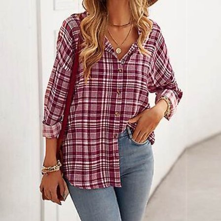 Dame Skjorte Løs Revers Langærmet Toppe Plaid Bluse (L Rød)