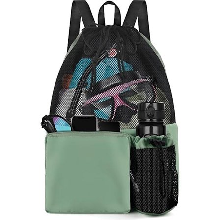 Vanntett svømme- og strandryggsekk med våtlomme og snørestramming for svømming og fitness, grønn 47x40cm