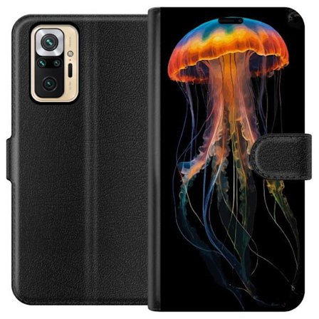 Kompatibelt Lommeboketui til Xiaomi Xiaomi Redmi Note 10 Pro Fargerik manet i neonlys på svart bakgrunn, detaljert undervannsdesign med lysende tenta