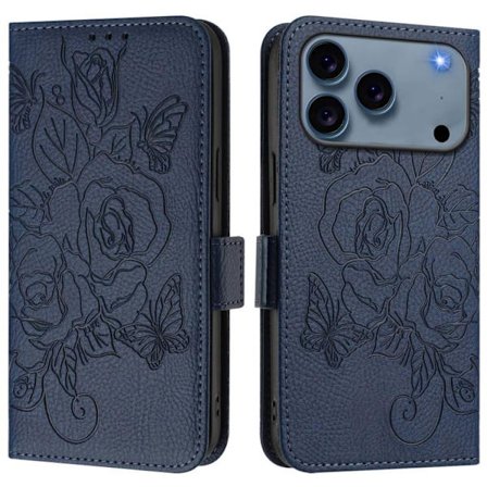 iPhone 17 Pro Max Skal läderfodral med präglad ros och RFID-skydd