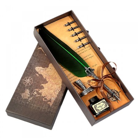 Kynä ja muste setti kalligrafiaan, jossa 5 vaihtokärkeä ja kärjen alusta - lahjaidea