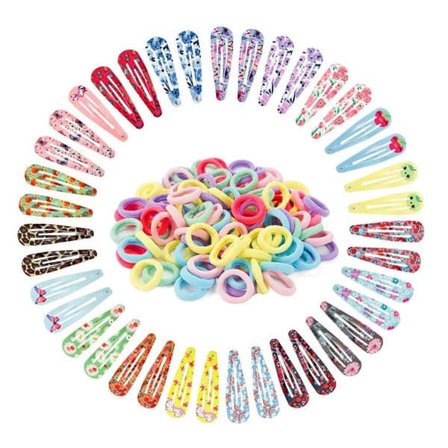 140-delt Hårsæt til Piger - 40 stk. Trykte Hårspænder + 100 stk. Hårelastikker | 5 cm Barrettes til Børn, Teenagere & Kvinder