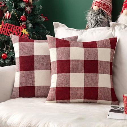 2-pack Jul-klassiker Farmhouse Buffalo Check Rutig Linne Mjuk Soild Dekorativ Kvadratisk Kuddfodral Hem D