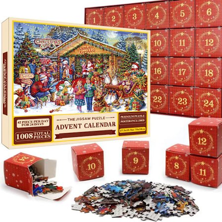 Puslespill Julekalender 2024, 1008 Puslespillbrikker 24 Dagers Juletelling Julekalendere