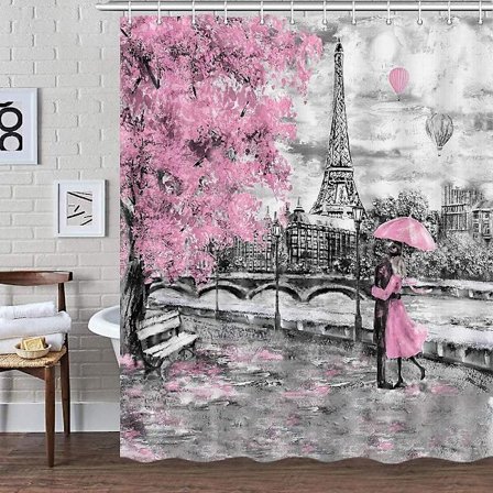 Rosa och grå Paris badrum duschdraperi, vintage grå Eiffeltornet tyg duschdraperi
