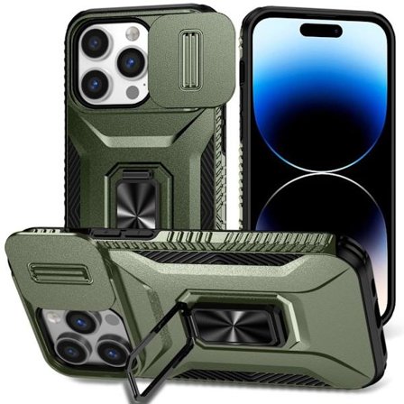 iPhone 14 Pro Case Ring Kickstand Slide Lens Cover - Green