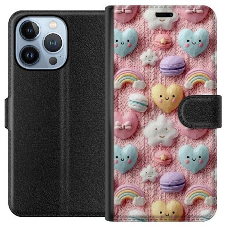 Yhteensopiva Lompakkokotelo Apple iPhone 13 Pro Pastellimotiiivi sydämillä, pilvillä, sateenkaarilla ja makaronseilla vaaleanpunaisella taustalla sulo