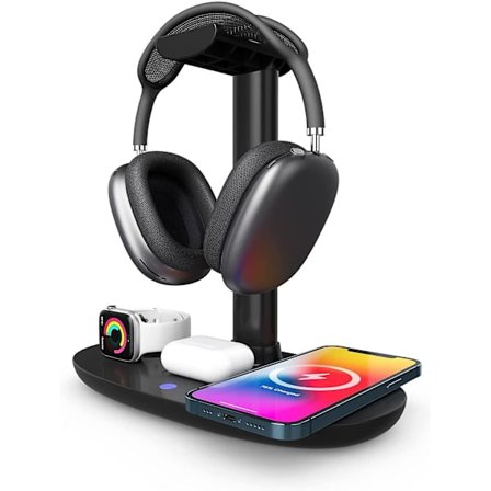Hovedtelefonstativ med trådløs oplader, 4 i 1 ladestation Headsetholder til bordspilsopbevaring