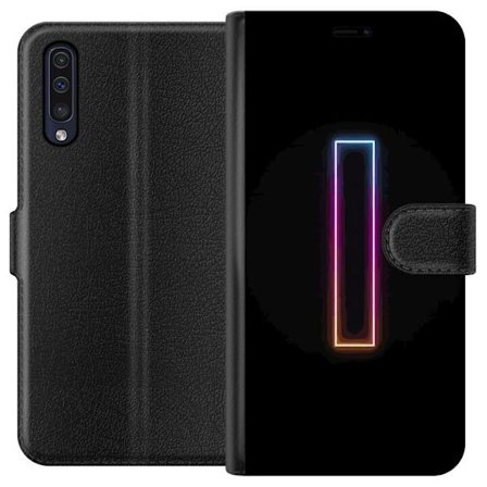 Kompatibel Tegnebogsetui til Samsung Samsung Galaxy A50 Minimalistisk neonbogstav I i regnbuefarver mod mørk baggrund