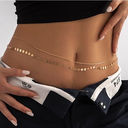 Gull paljetter, magekjede, sexy bikinisett, sele, perler