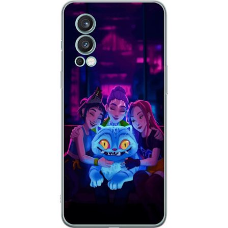 Kompatibel Mobilcover til OnePlus OnePlus Nord 2 5G Neonlyst scene med tre piger, der hygger sig med en lysende blå kat i et futuristisk miljø med s