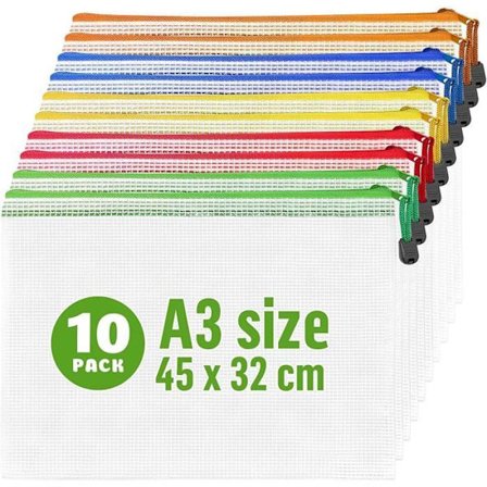 10-pak A3-lommer med lynlås til brætspil og puslespil – Netplastlommer med lynlås – Tasker