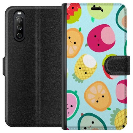 Yhteensopiva Lompakkokotelo Sony Xperia 10 III Kawaii-hedelmien kuvioita, kuten mansikkaa, sitruunaa, ananasta ja avokadoa vaaleansinisellä taustalla