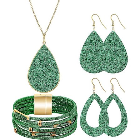 Glitrende lædersmykkesæt til kvinder, brude, bryllup, flerlagsarmbånd, imiteret læder, dinglende øreringe, stort vedhæng, lang halskæde (d-583-a)
