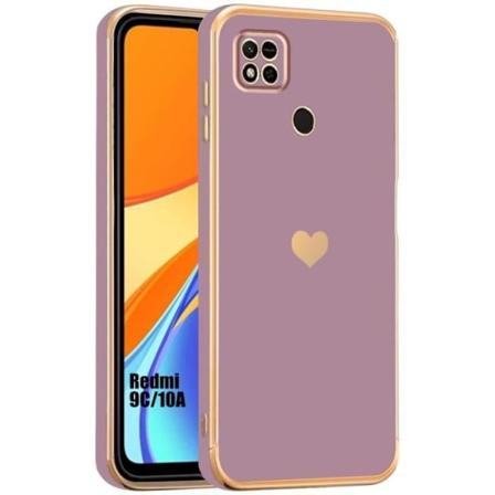 Etui til Xiaomi Redmi 9C-10A, lilla, stødsikkert hybrid silikone etui, luksusmode med guldhjertemønster og belægning