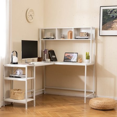 COSTWAY L-formad skrivbord med förvaringshyllor och hörlurshängare, spelbibliotek för gamer, studie 150 x 120 x 148 cm vit