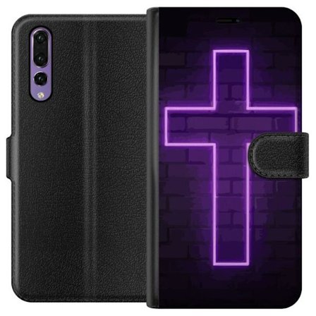 Yhteensopiva Lompakkokotelo Huawei Huawei P20 Pro Neonristi purppuranvalossa tummaa tiiliseinää vasten, symbolinen motiivi vahvalla hohto moderni es