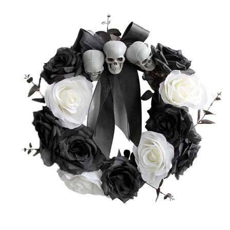 Kallojen Ovikoriste Musta Deko Halloween-Koriste Kukkakoristeet Etuoveen Halloween-Kallo Ruusun Seppele (FMY)