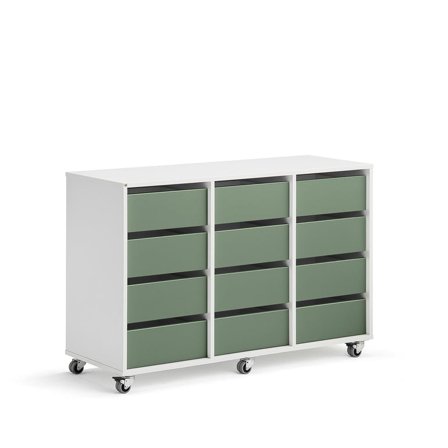 Elevförvaring CASPER, 12 lådor, hjul, vit, mörkgrön