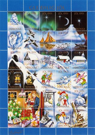 Færøerne - Julemærkeark 1991 - Takket - Ubrugt eller foldet