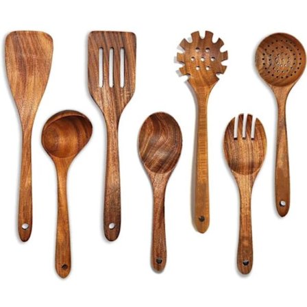 Kitchen set köksredskap 7-delars set - träbestick non-stick panna träspade långt handtag massivt trä soppsked set