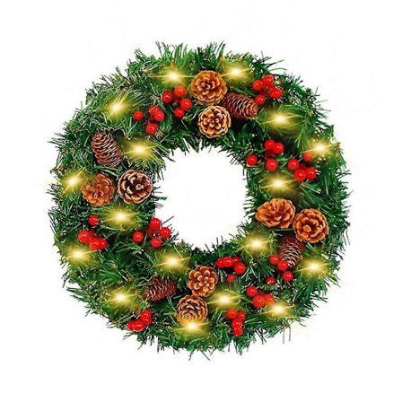 Konstgjord julkrans med tallkottar, röda bär, LED-ljusslinga för ytterdörr, vägg, bondgårdsinredning, utomhus, inomhus, festtillbehör