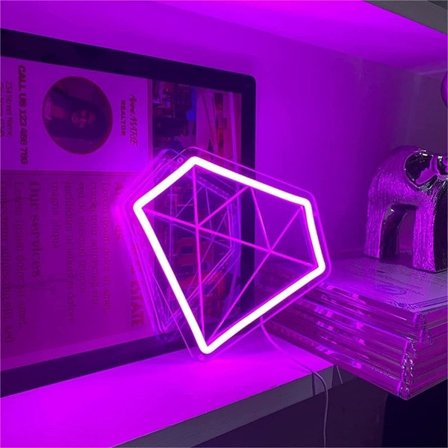 IC Diamantformet neonskilt LED-modellys Lysende bokstaver skilt Akrylpanel Neon dekorativt lys, 26X24cm, lilla (Farge: lilla)